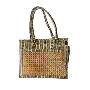 Sondra Roberts Tote Bag Womens Medium Woven Cane Faux Snakeskin Handles Purse